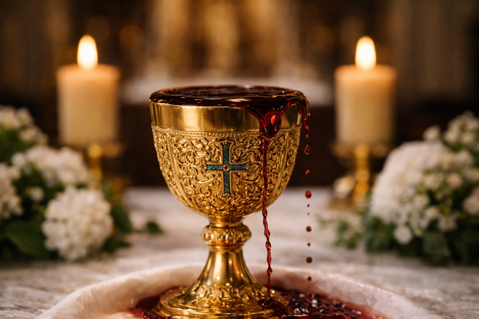 Overflowing chalice with deep red wine